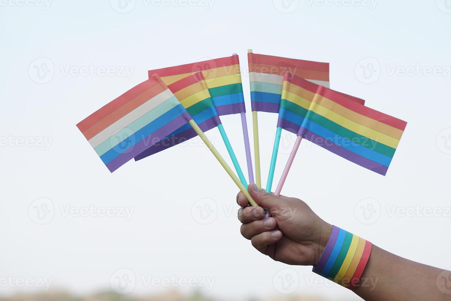 Close up hand holds rainbow colors flags. Concept, Lgbtq celebration in pride month, June. Symbol of LGBT community around the world.Support human right of gender diversity. photo