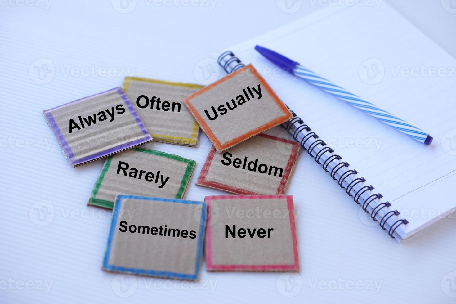 Paper word cards with text Always Usually Often Sometimes Seldom Rarely Neven. Notebook and pen. Concept, Education materials. English grammar teaching. Education. Teaching aid. photo