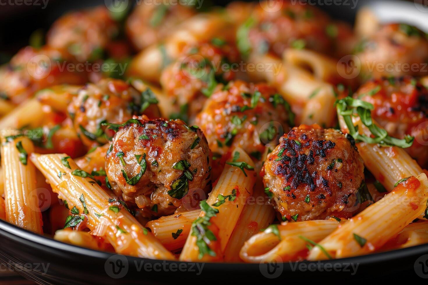 Penne pasta with meatballs in bowl professional advertising food photography photo