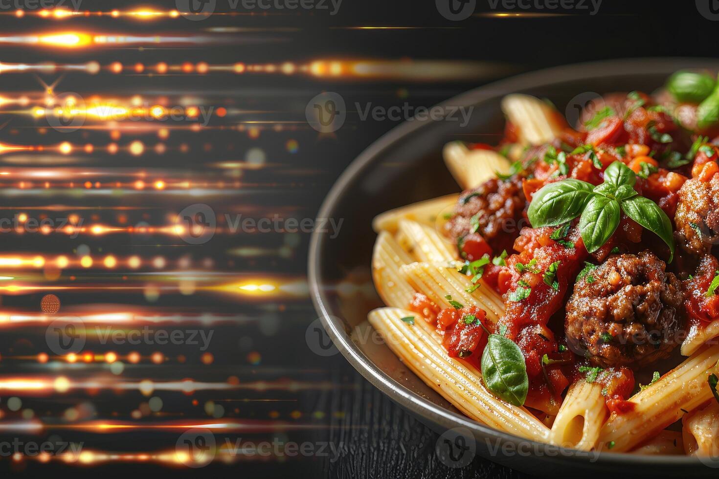 Penne pasta with meatballs in bowl professional advertising food photography photo