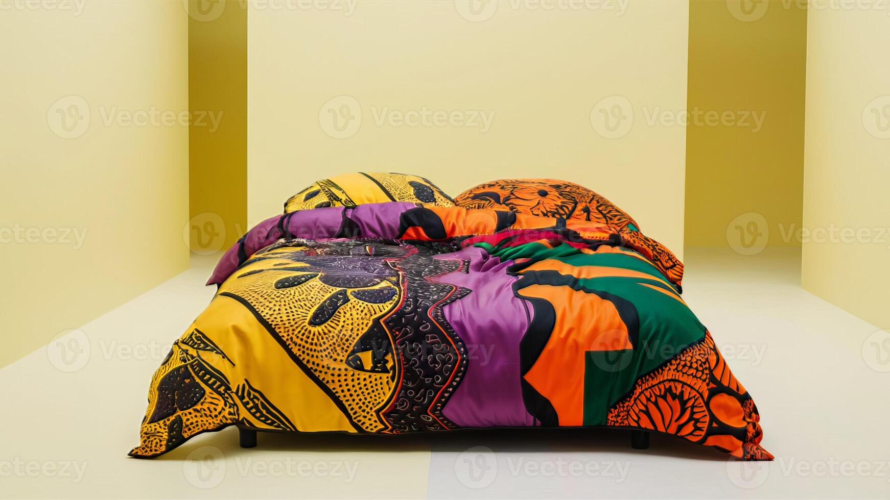 Stunning photograph of African black Ankara print patterns in yellow, purple, red, green, orange, and black photo