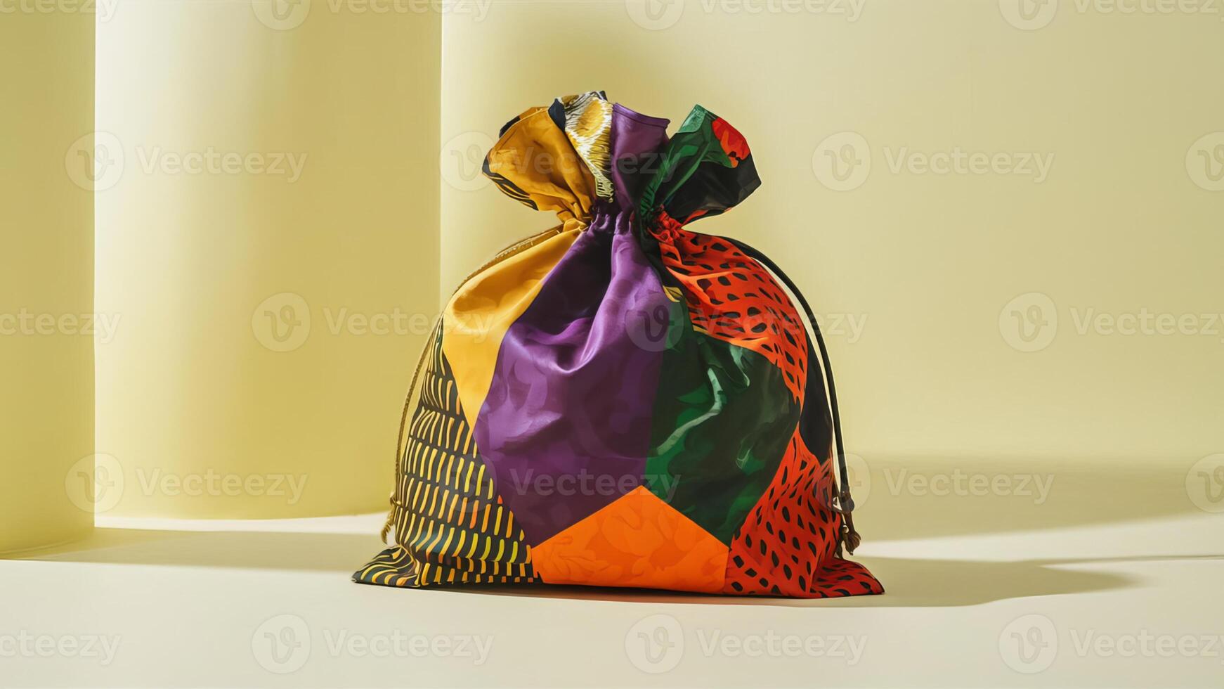 Stunning photograph of African black Ankara print patterns in yellow, purple, red, green, orange, and black photo