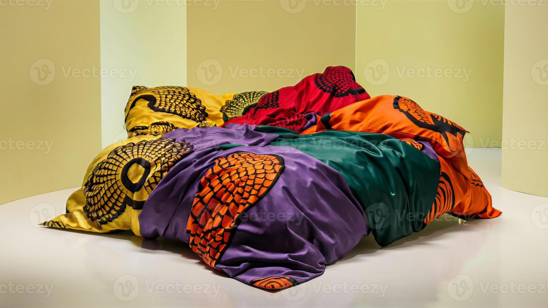 Stunning photograph of African black Ankara print patterns in yellow, purple, red, green, orange, and black photo