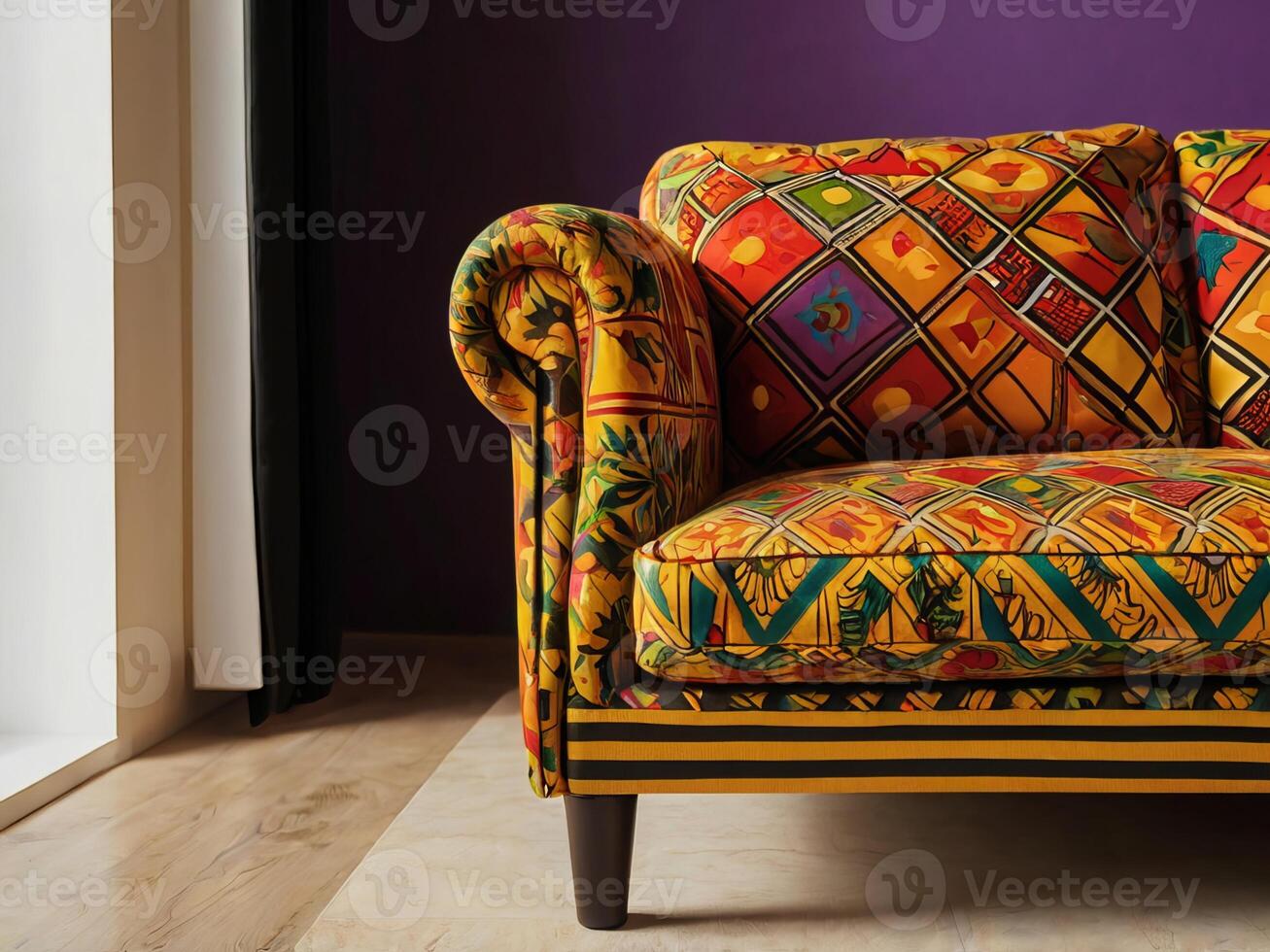 Stunning photograph of African black Ankara print patterns in yellow, purple, red, green, orange, and black photo