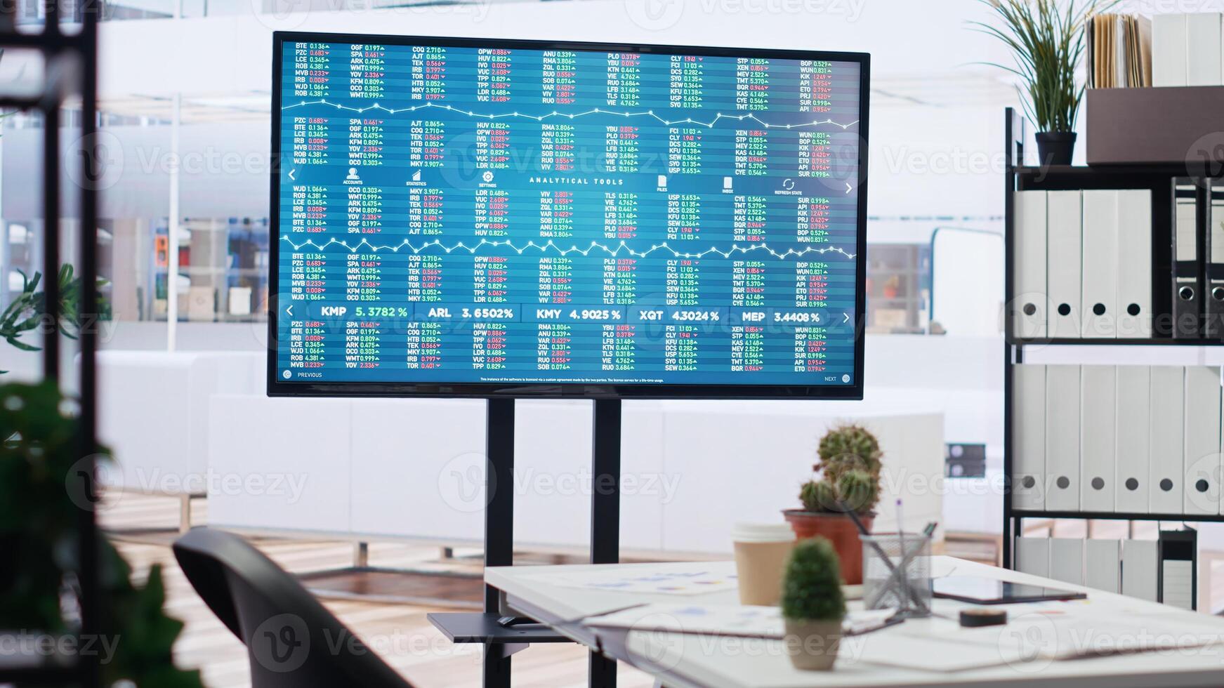 Stock exchange indices on screen in empty financial department office used for forecasting and analysis purposes. Company workspace with nobody in and business figures on display, camera B photo
