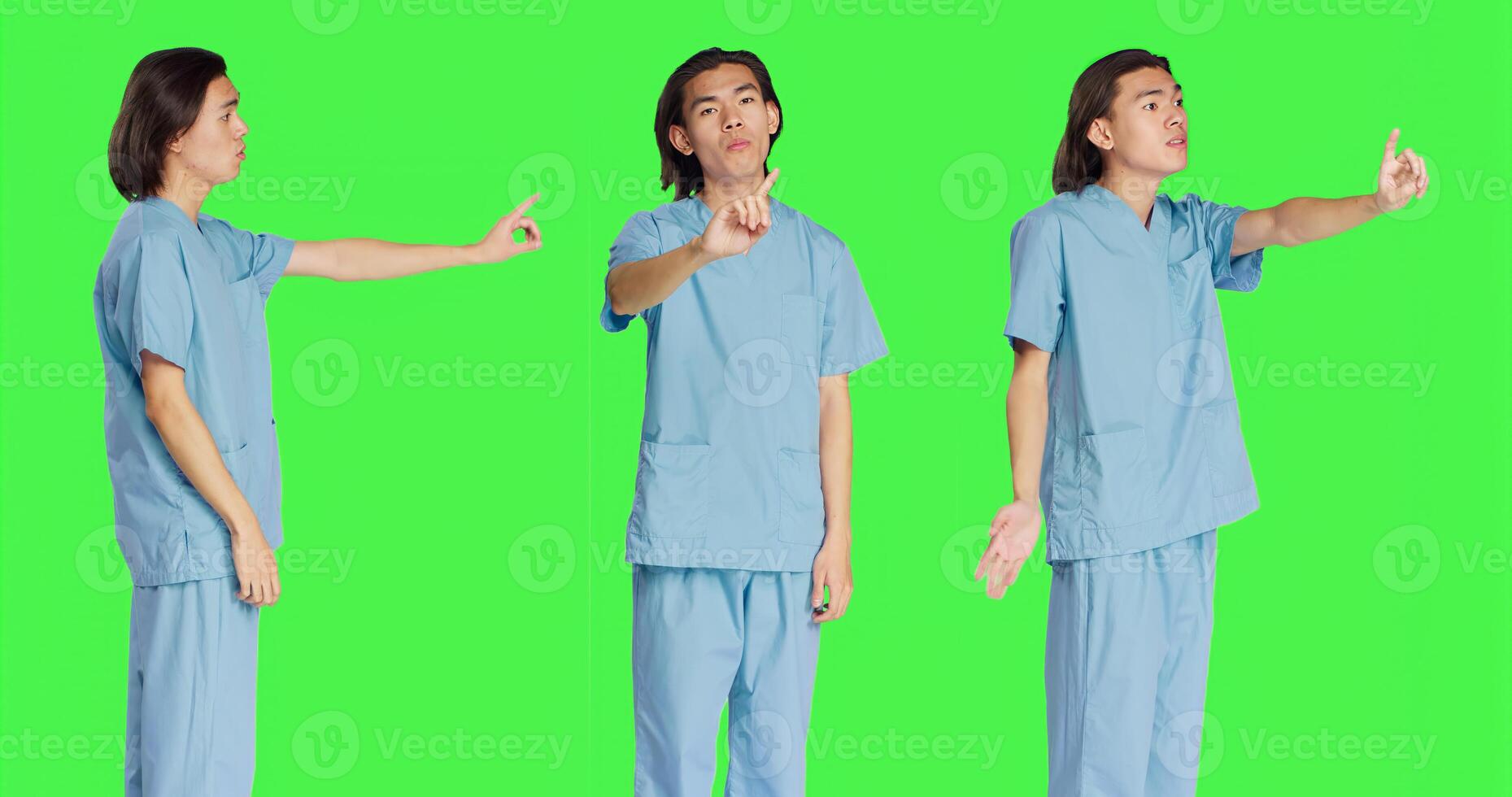 Medical assistant doing no symbol on camera, showing negative reaction and disagreement. Asian healthcare worker being displeased about something, disagreeing and disapproving. photo