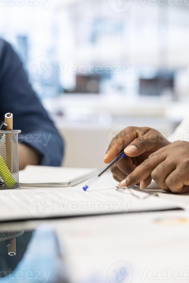 Financial adviser explaining retirement and pension options to old couple, potential contract terms to secure investment with life savings. Broker offers counseling for senior people. Close up. photo
