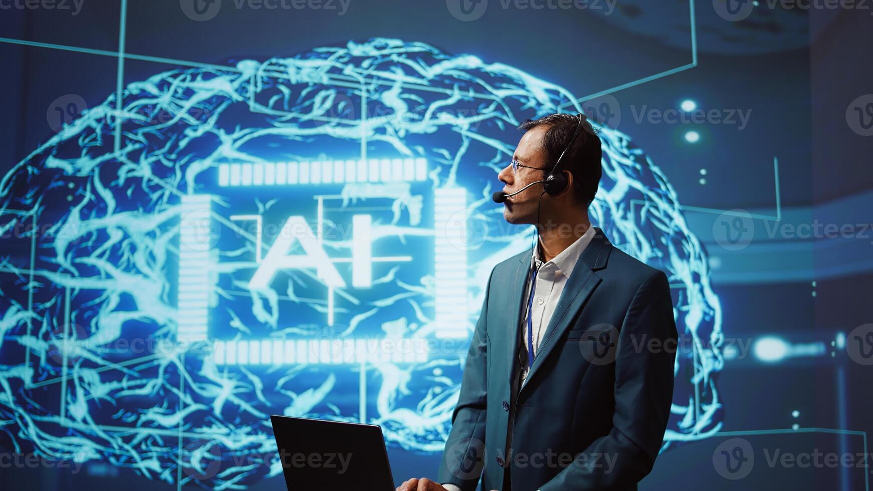 Speaker talking with audience during remote call online AI webinar hosting leading experts and researchers exploring latest insights in artificial intelligence technology, camera B photo