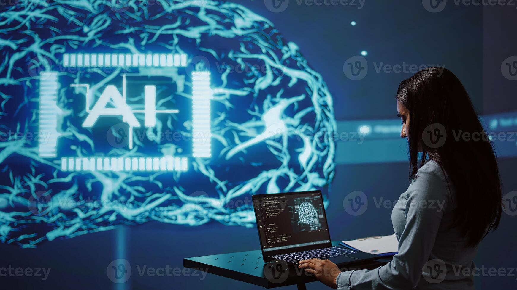 AI specialist reviews data charts, emphasizing importance of data driven decision making in tech industry. Engineer developing innovative artificial intelligence solutions for startup, camera B photo
