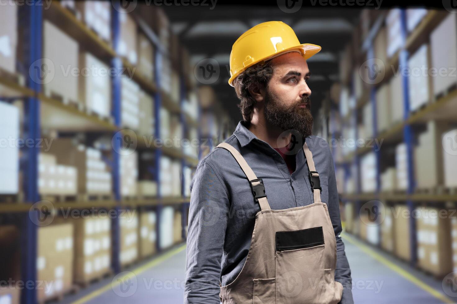Packaging employee verifying merchandise stock on industrial racks, handling distribution of products and materials. Warehouse advisor doing quality control on packs, inventory management. photo