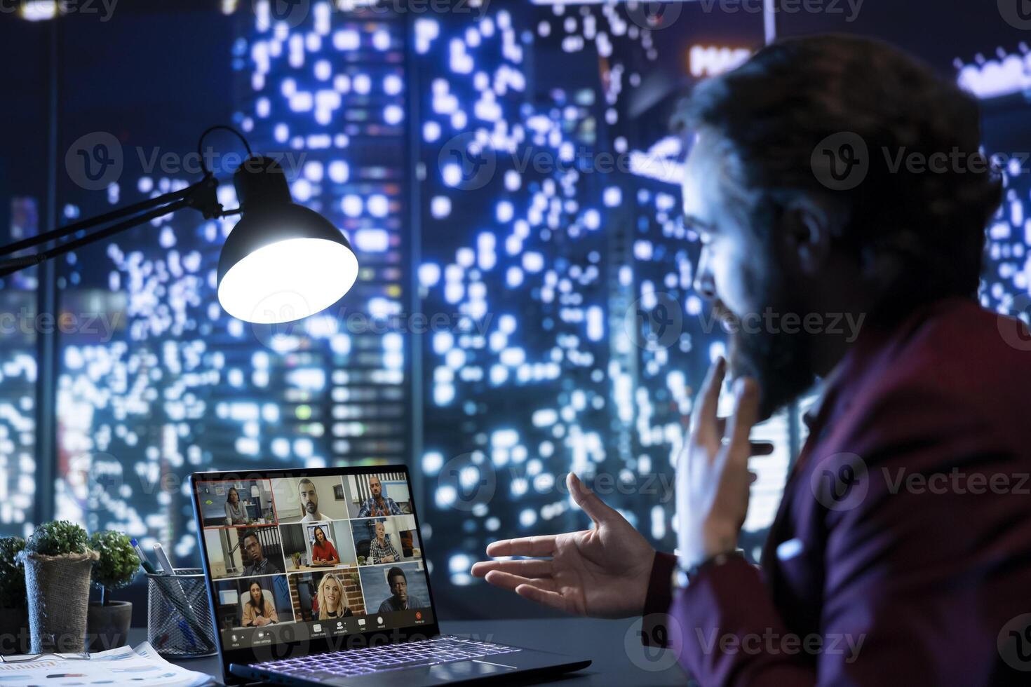 Financial director and influencers gather on videocall network, examining accounting overview and sharing ideas to change activity. Executive board members doing briefing session. photo