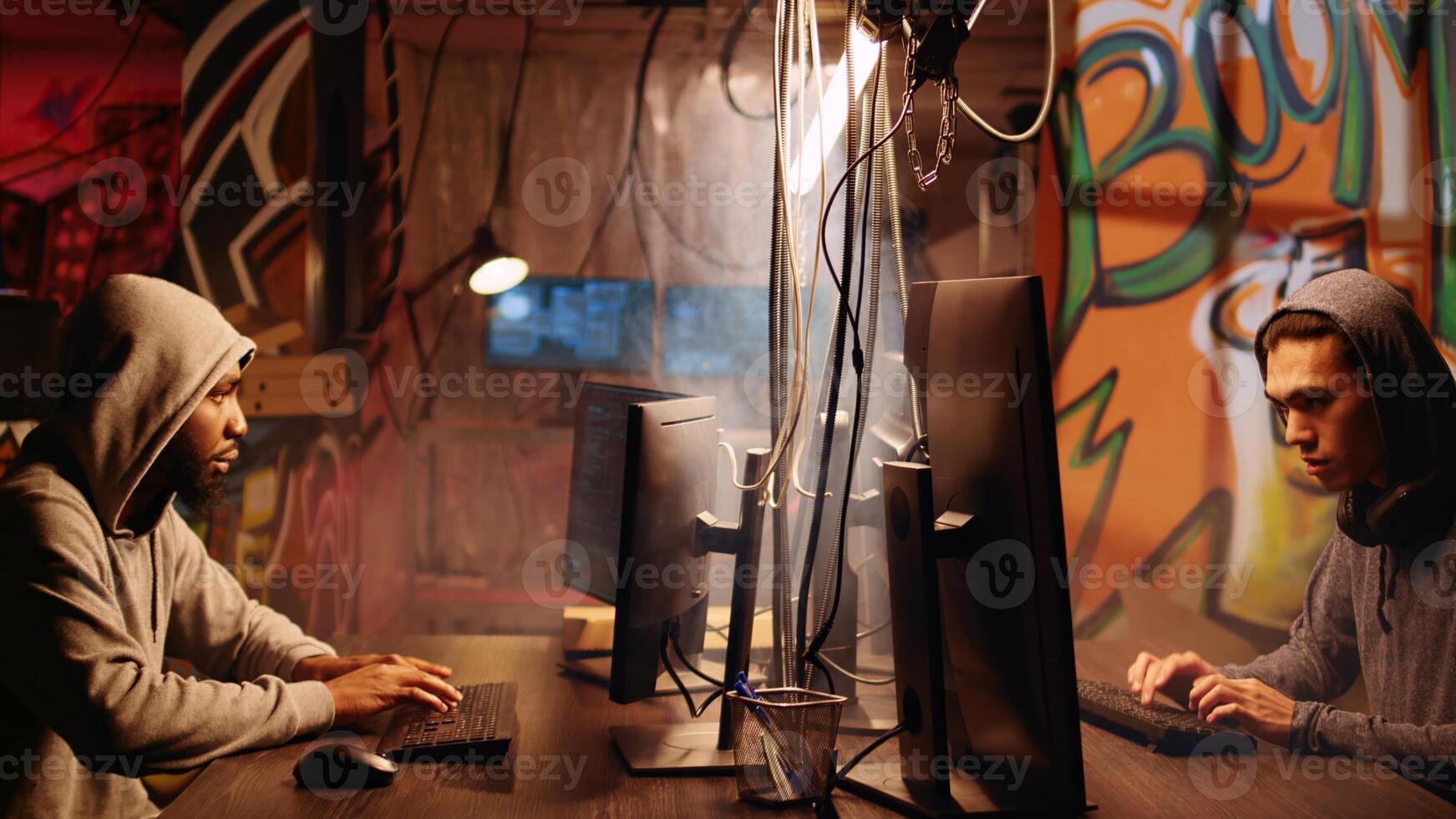 Hackers rushing to evade underground HQ after hearing policemen coming to arrest them for coding malware designed to exploit network backdoors, running to not get caught by cops photo