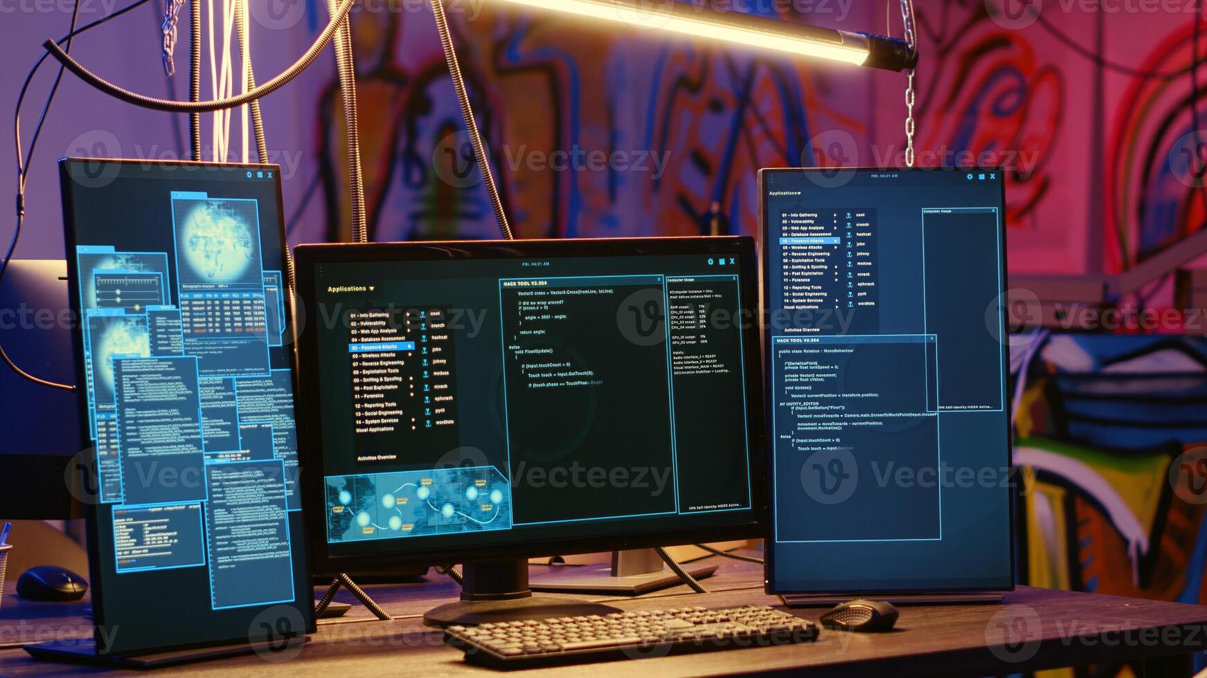 High tech computer systems running malicious code in messy empty criminals hideaway. Virus script running on PC monitors in empty neon lit warehouse used by hackers to commit illegal activities photo