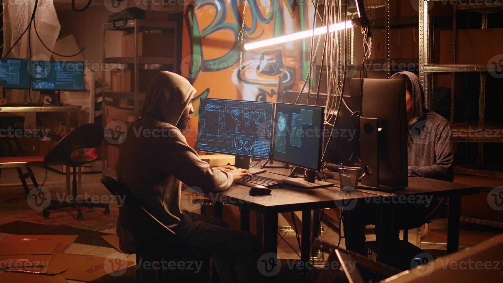 Hackers rushing to exit secret base after hearing police sirens, being wanted under custody for using bugs and exploits to break into computer systems and access valuable data photo