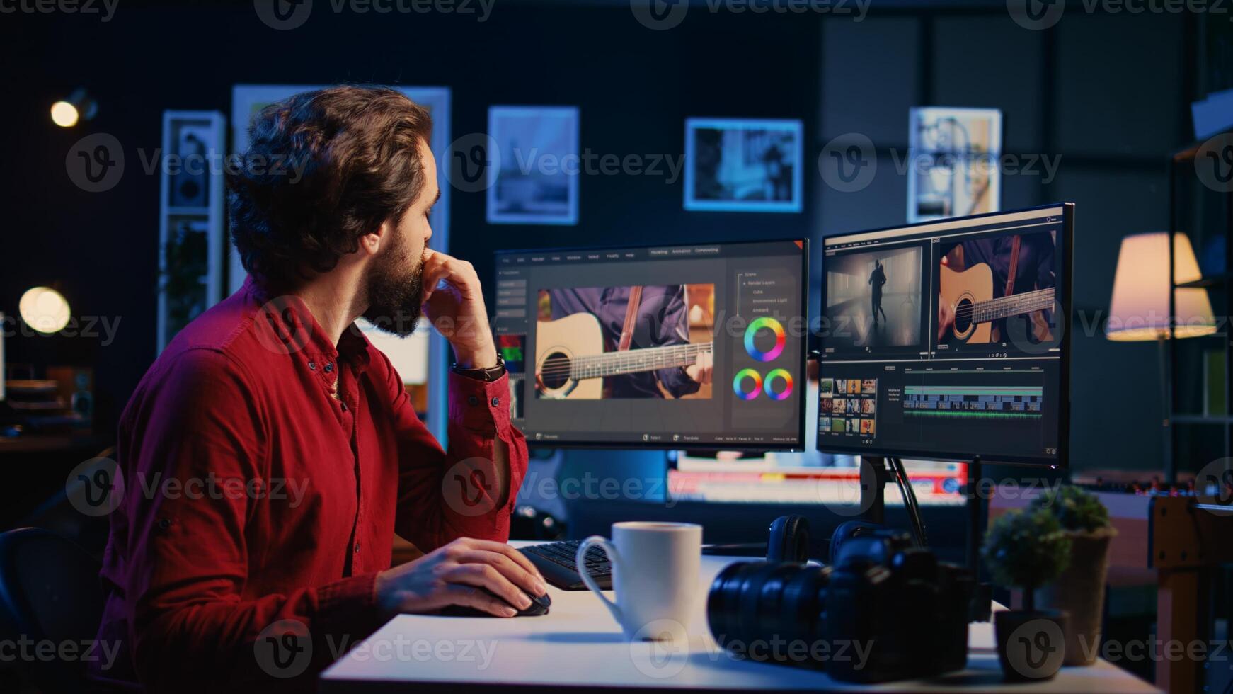 editor arranging recorded stock clips into seamless whole in creative media studio using computer. Videographer assembling recorded footage into finished project, panning shot photo