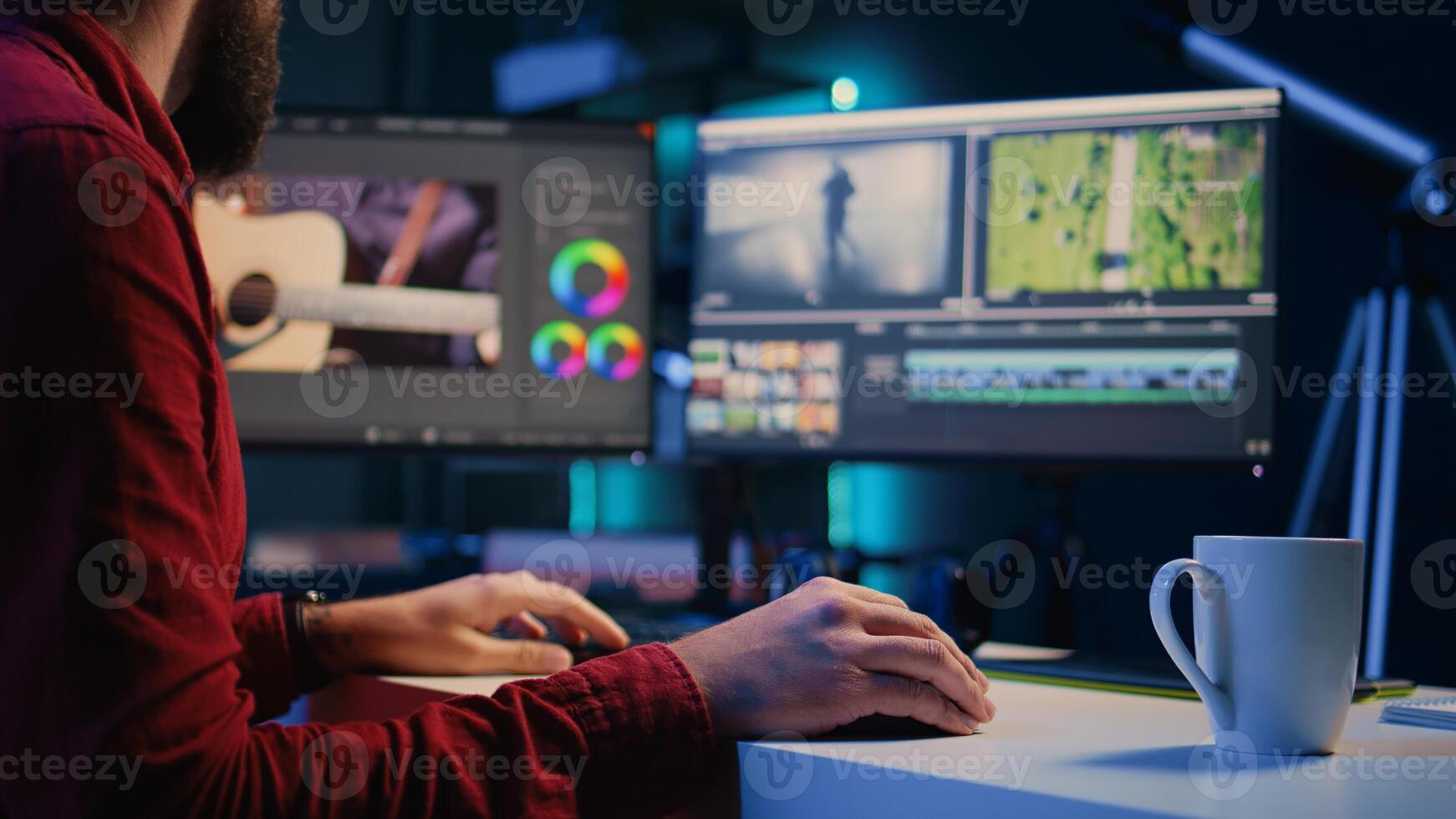 editor arranging recorded stock clips into seamless whole in creative multimedia agency. Videographer manipulating film pieces, assembling recorded footage into finished project photo