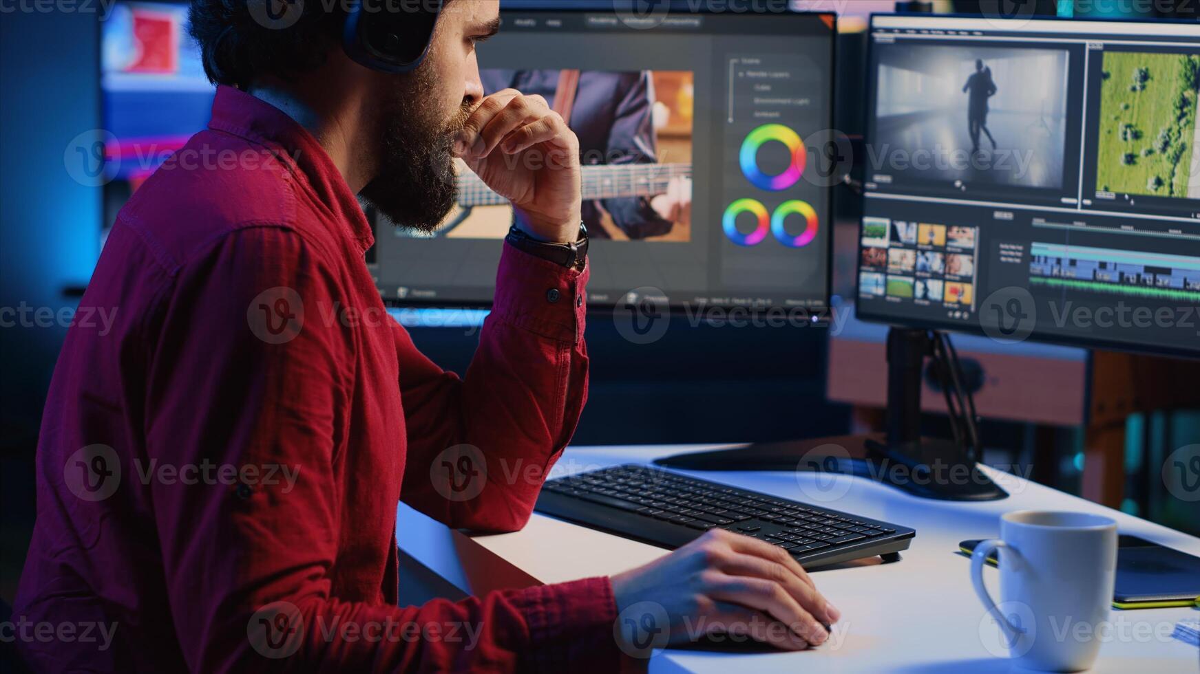 Skilled editor merging raw clips and footage into high quality finished videos in production studio, close up shot. Videographer operating computer editing systems and equipment photo