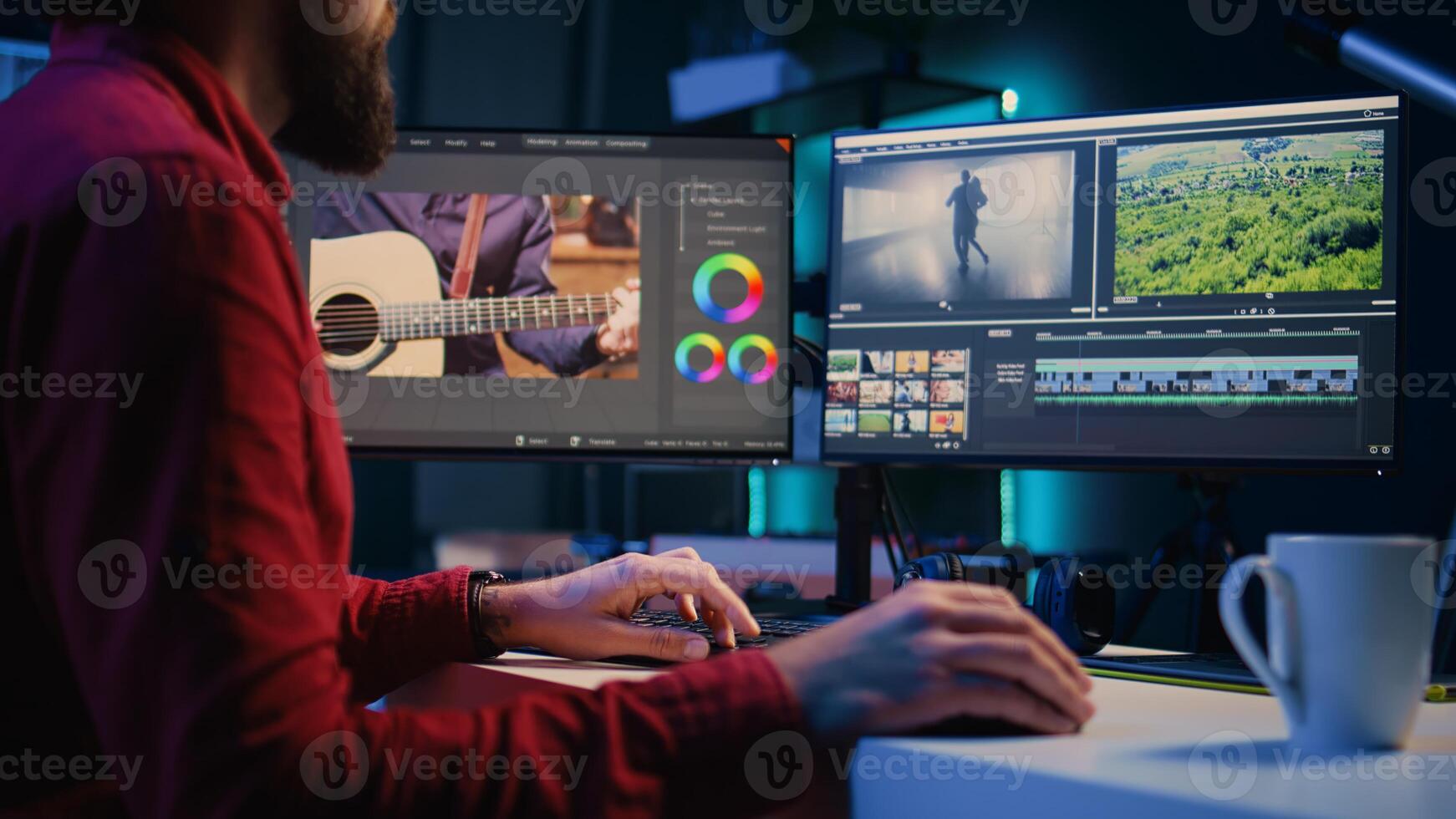 editor working for independent production company inputting music, dialogues, graphics and effects over raw footage. Videographer in creative multimedia agency editing clips photo