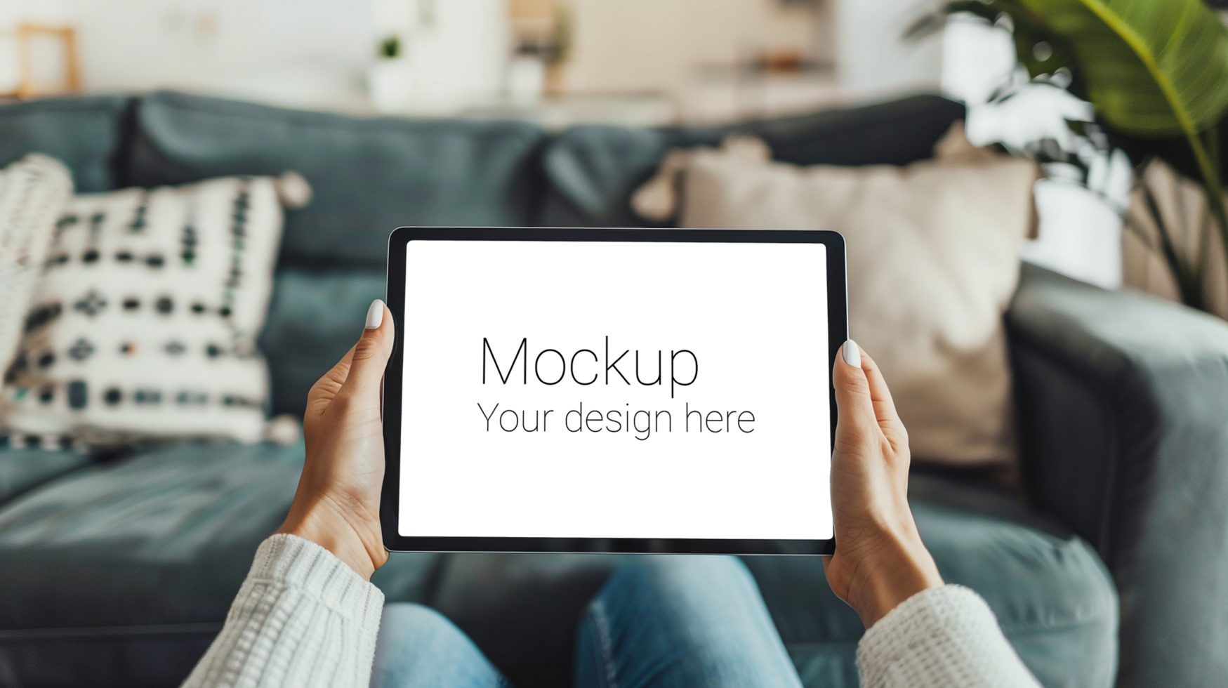Mockup of black tablet in hand on living room background psd