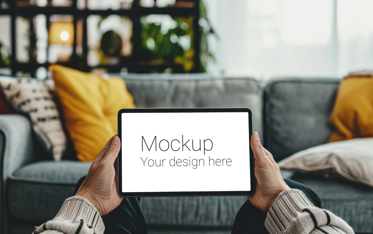 Mockup of black tablet in hand on living room background psd