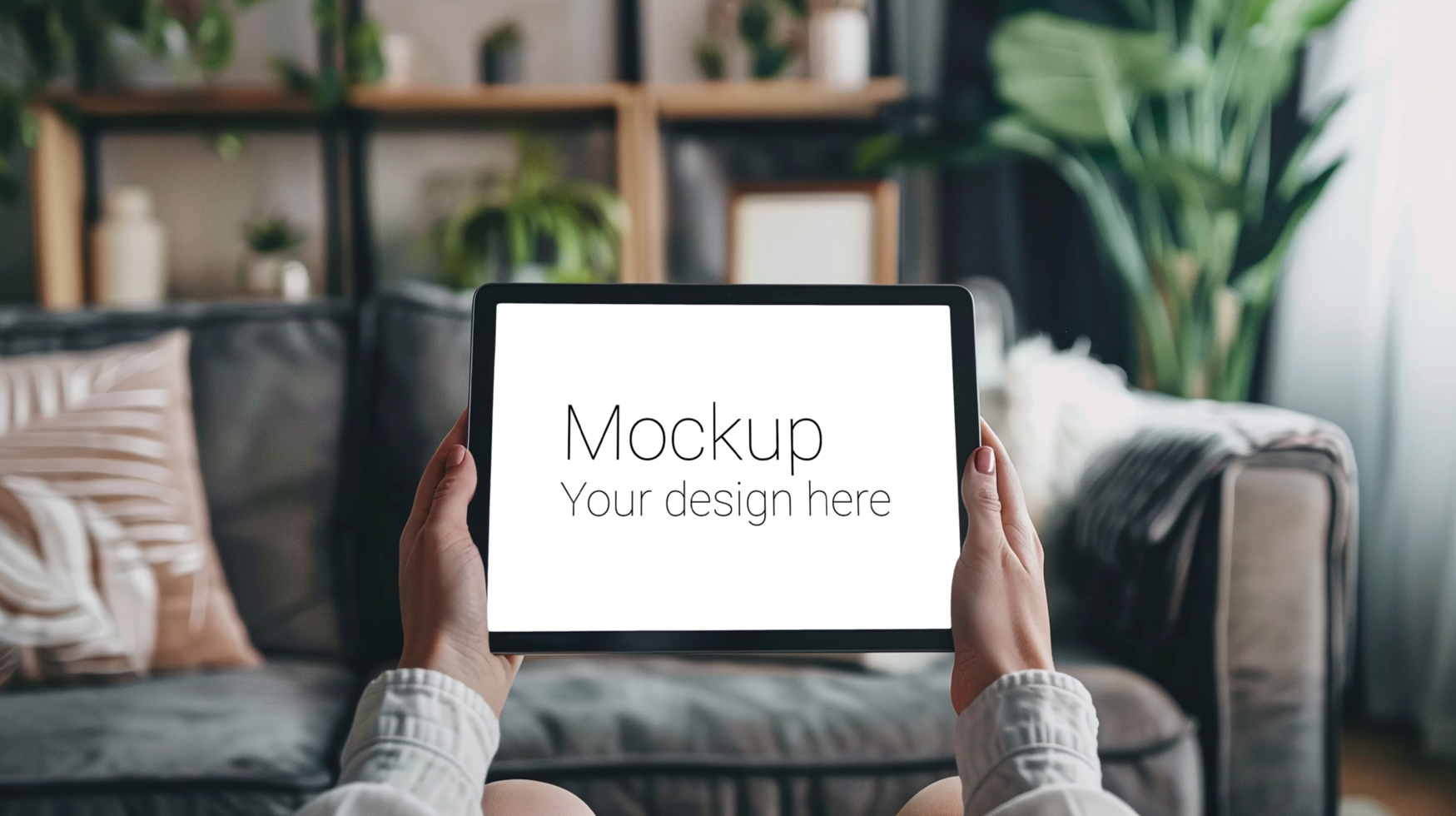 Mockup of black tablet in hand on living room background psd