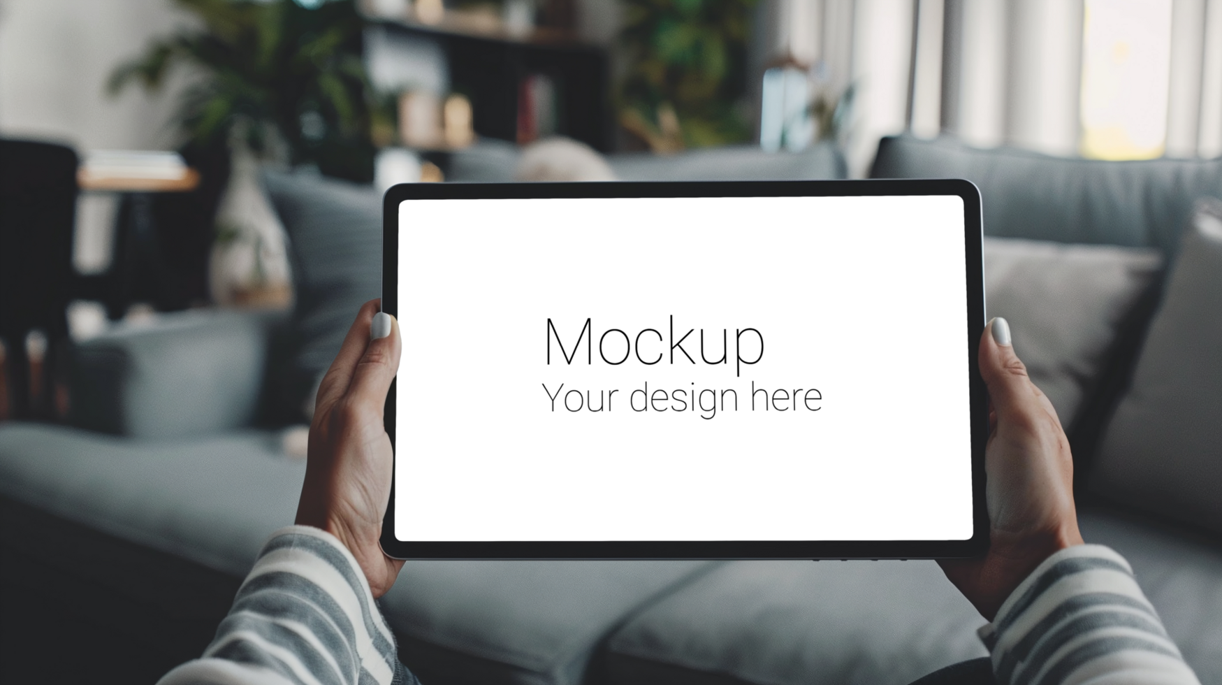 Mockup of black tablet in hand on living room background psd