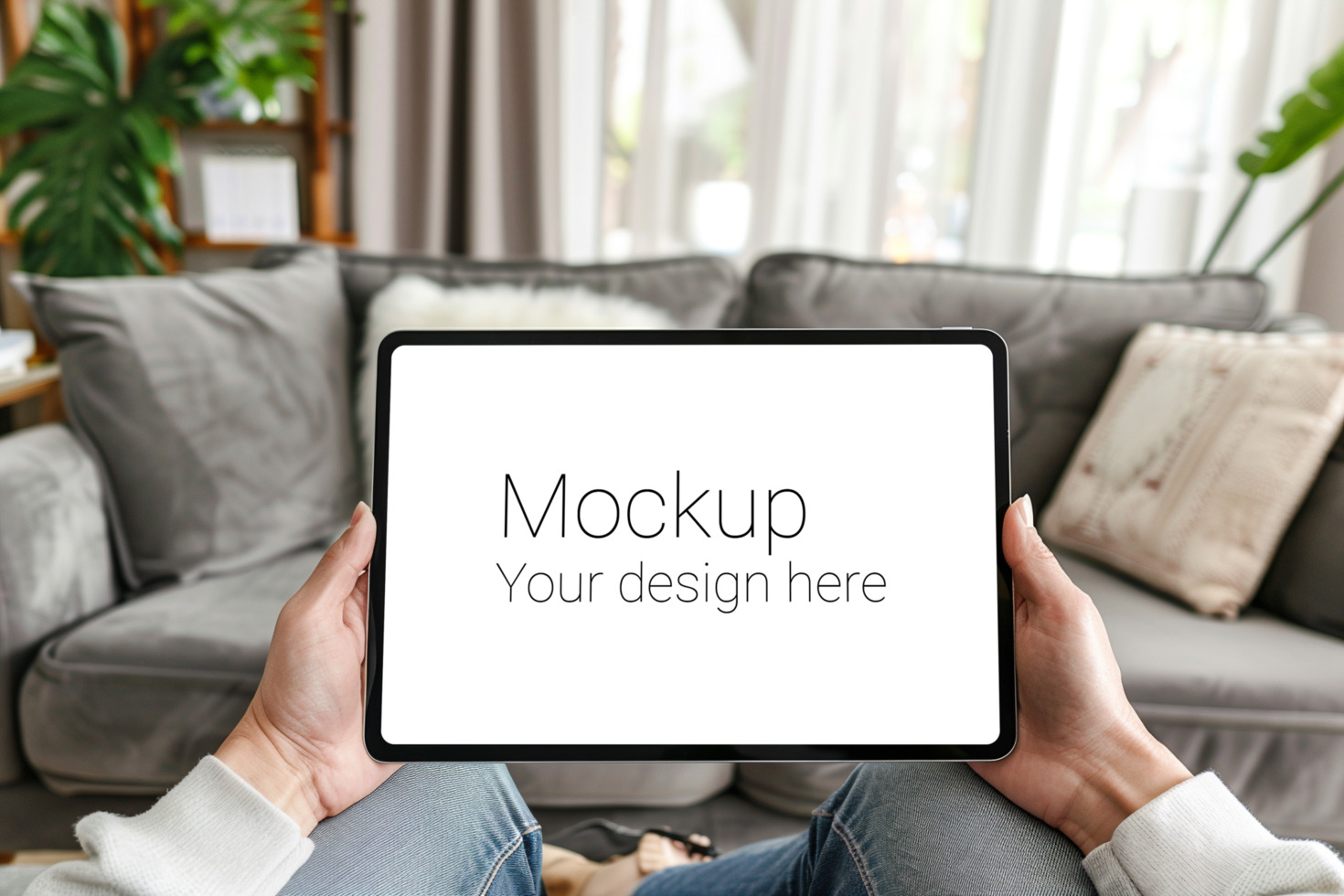 Mockup of black tablet in hand on living room background psd