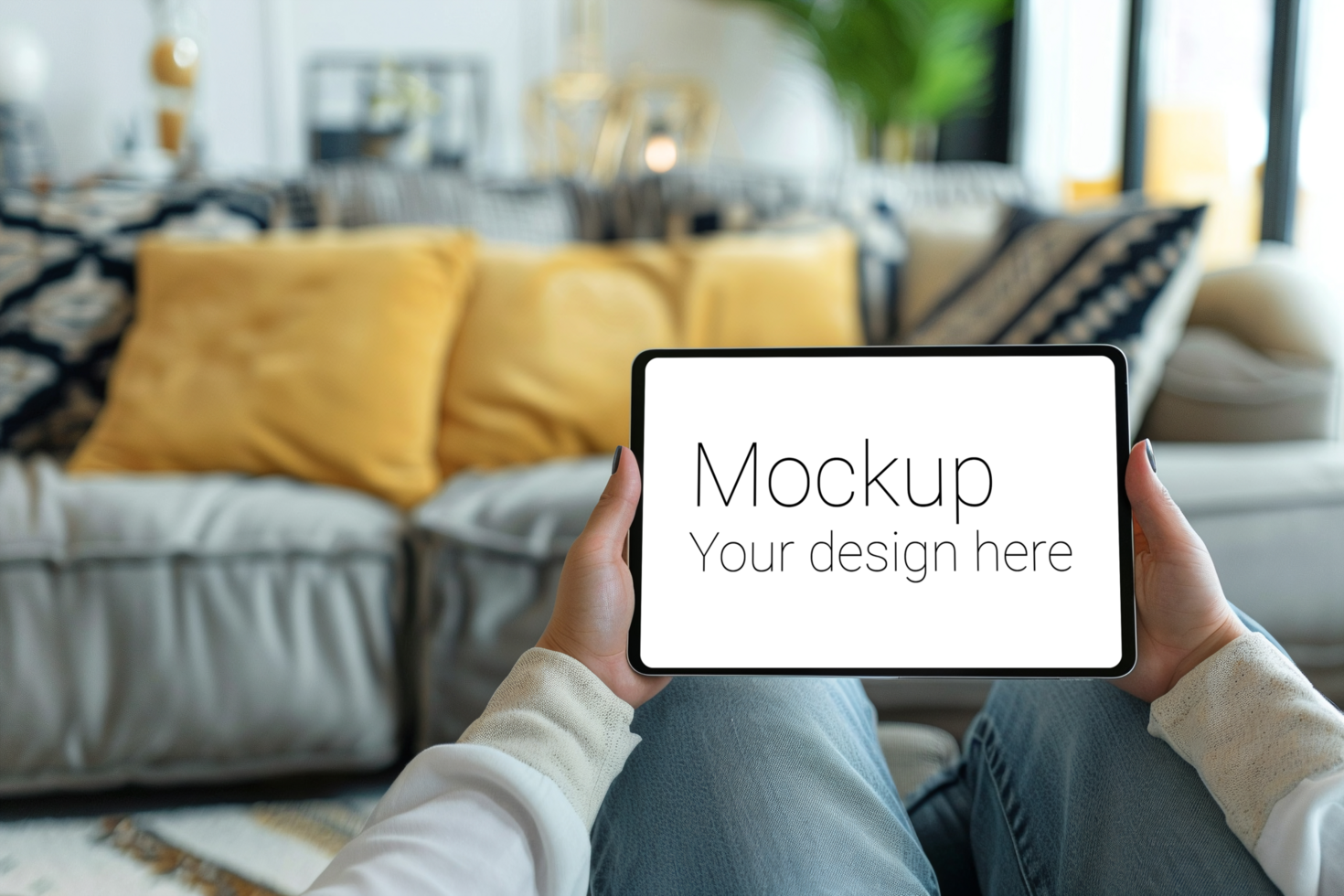 Mockup of black tablet in hand on living room background psd