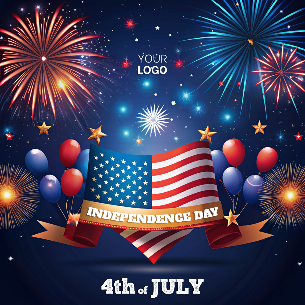 Independence Day poster with fireworks and a red, white and blue American flag psd