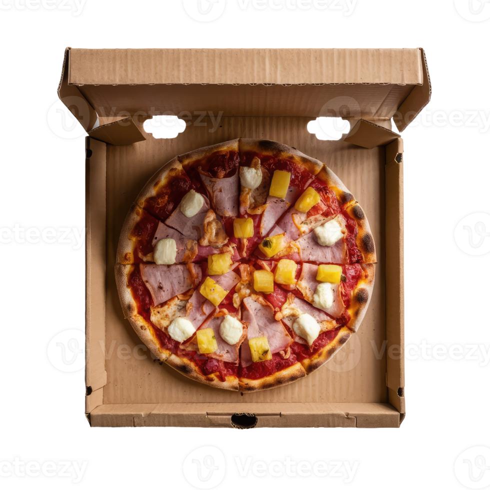Hawaiian pizza in a cardboard box png