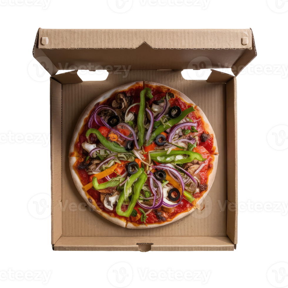 A delicious vegetarian pizza in a cardboard box png