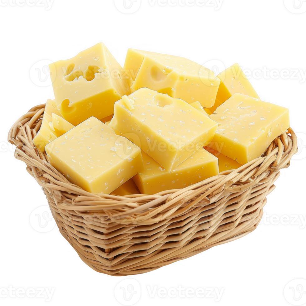 Cheddar cheese in a wicker basket transparent background png