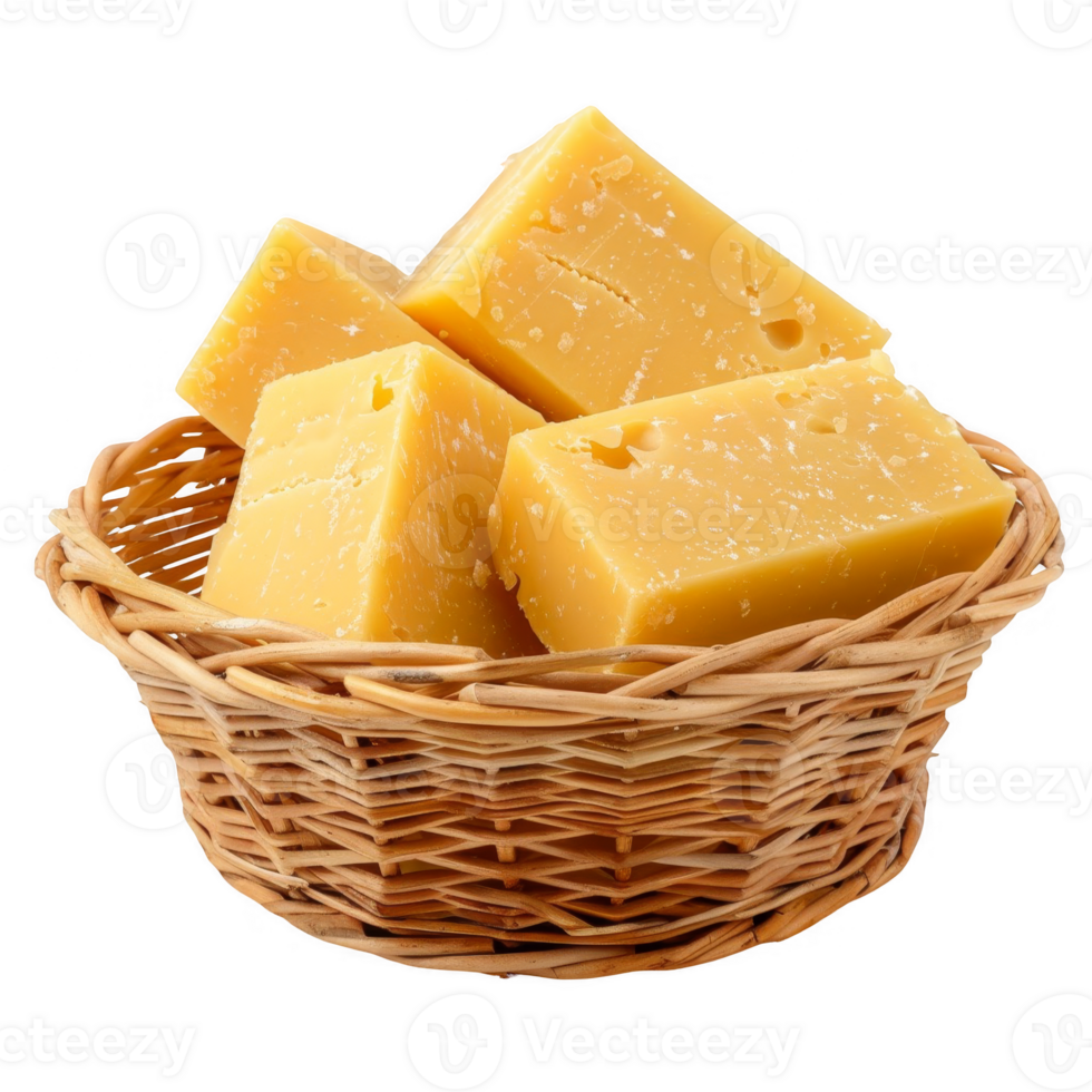 Cheddar cheese in a wicker basket transparent background png
