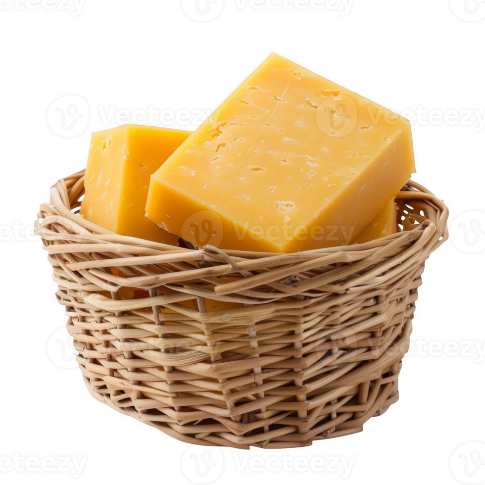 Cheddar cheese in a wicker basket transparent background png