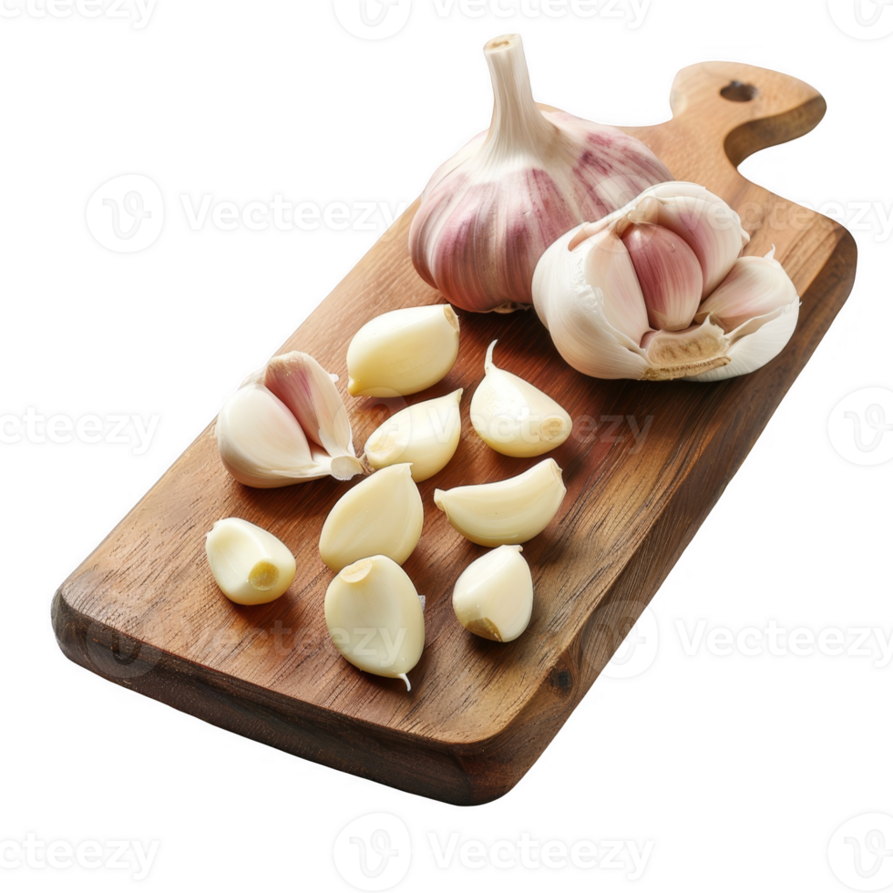 Garlic cloves on a wooden board transparent background png