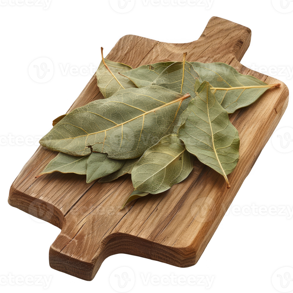 Bay leaves on a wooden board transparent background png