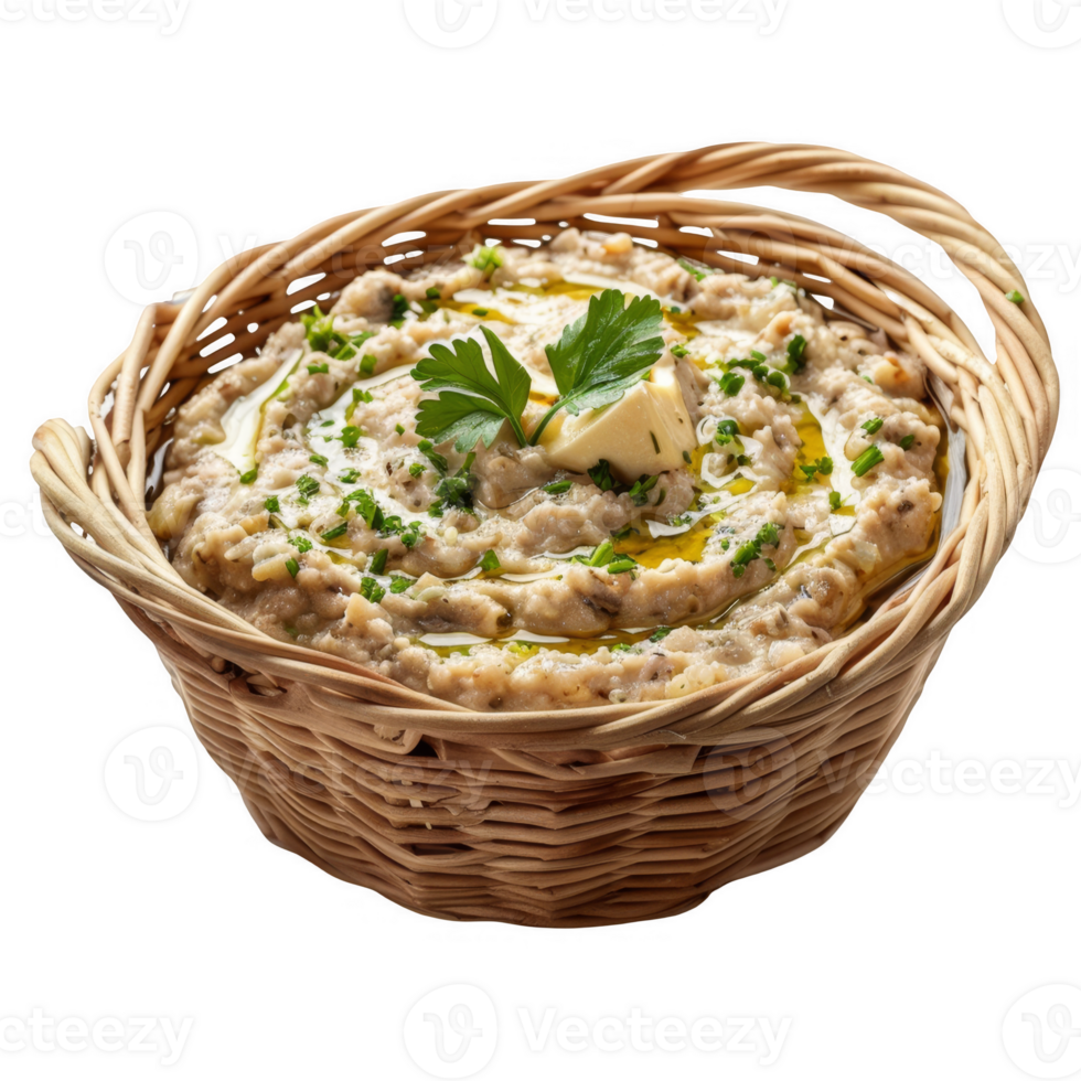 Baba ganoush in a wicker basket transparent background png