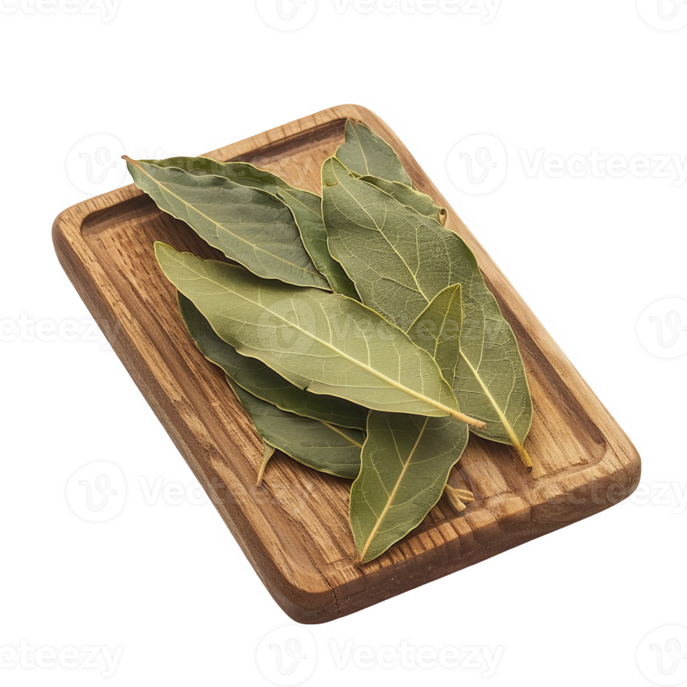 Bay leaves on a wooden board transparent background png