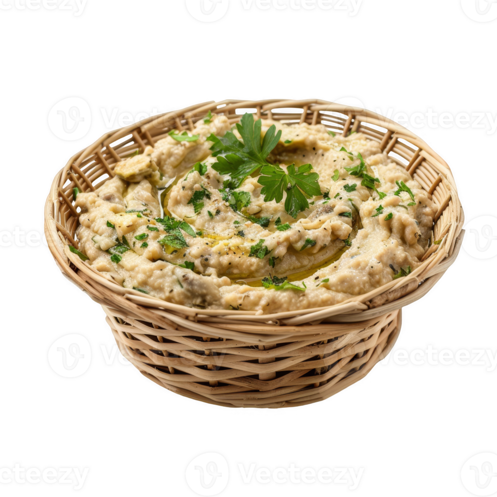 Baba ganoush in a wicker basket transparent background png