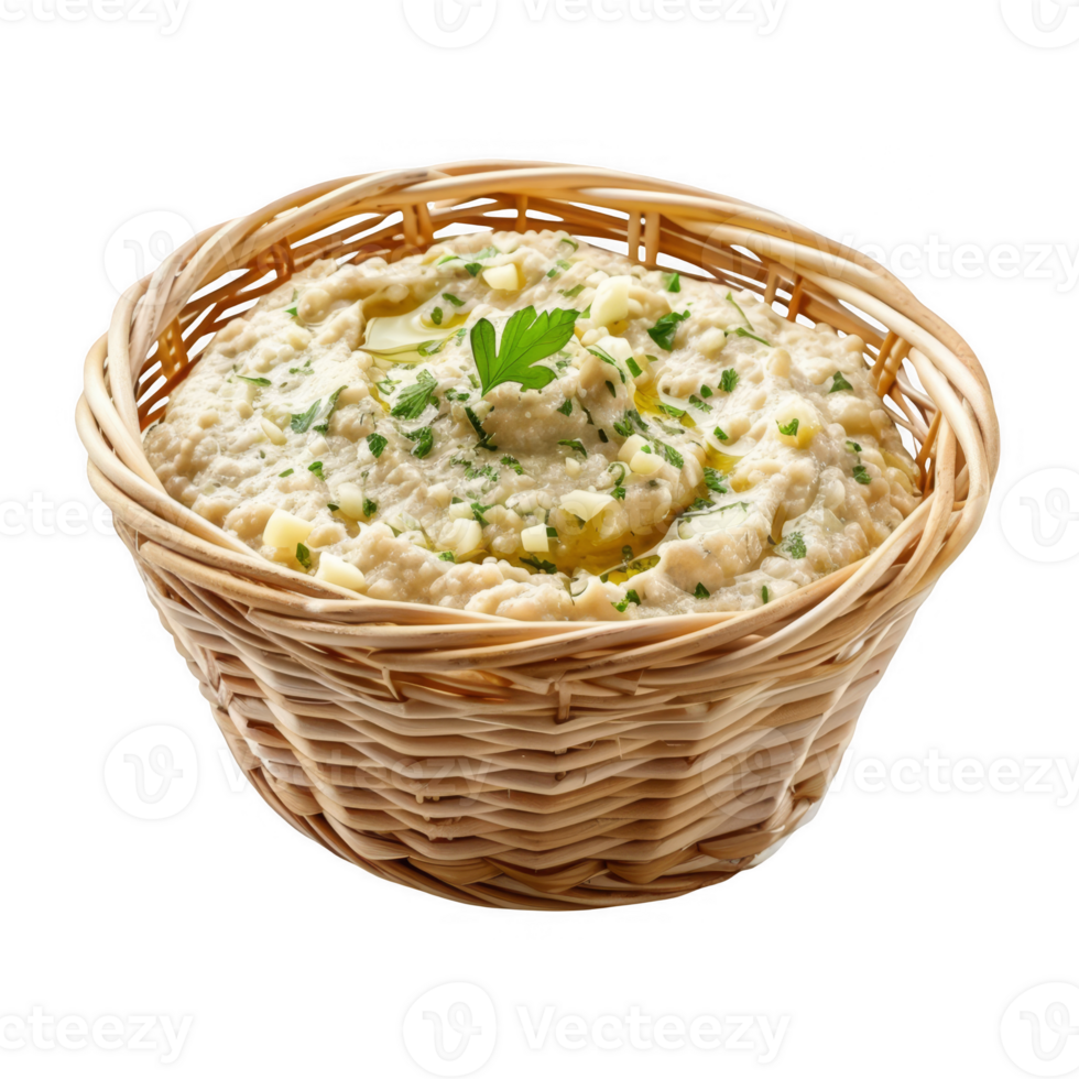 Baba ganoush in a wicker basket transparent background png