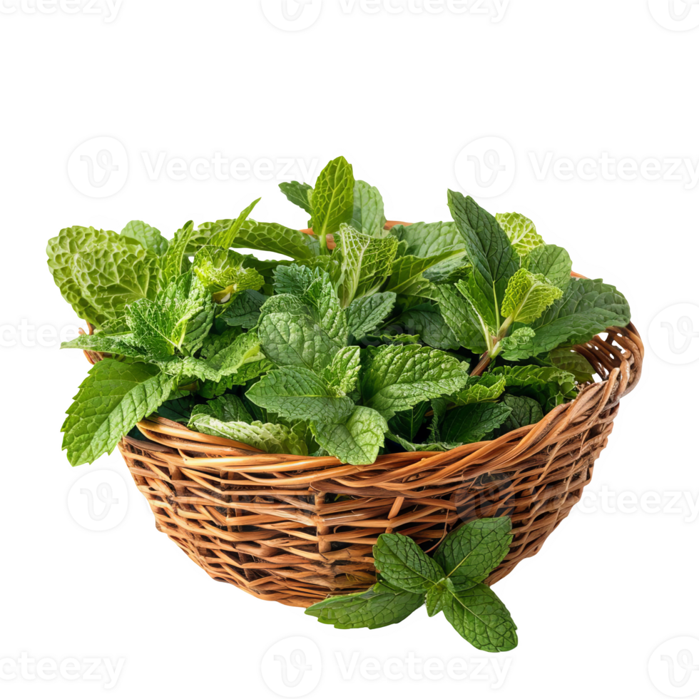 Mint leaves in a wicker basket transparent background png