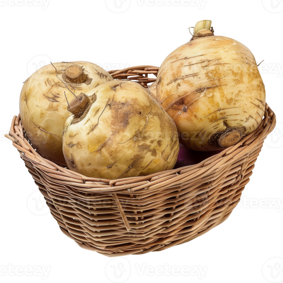 Rutabagas in a wicker basket transparent background png