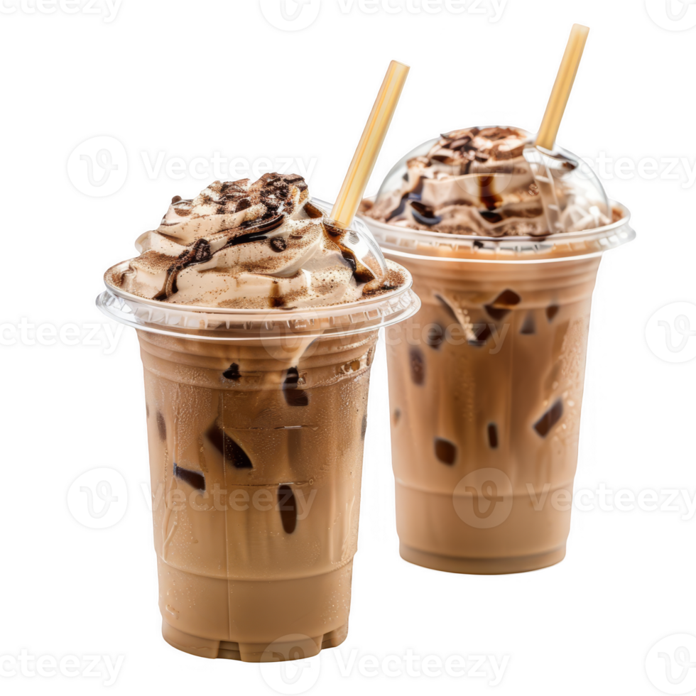 iced coffee in plastic cups with straw transparent background png