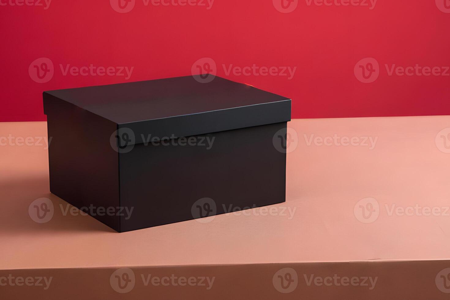 black gift box, red background, Black Friday design gift . photo