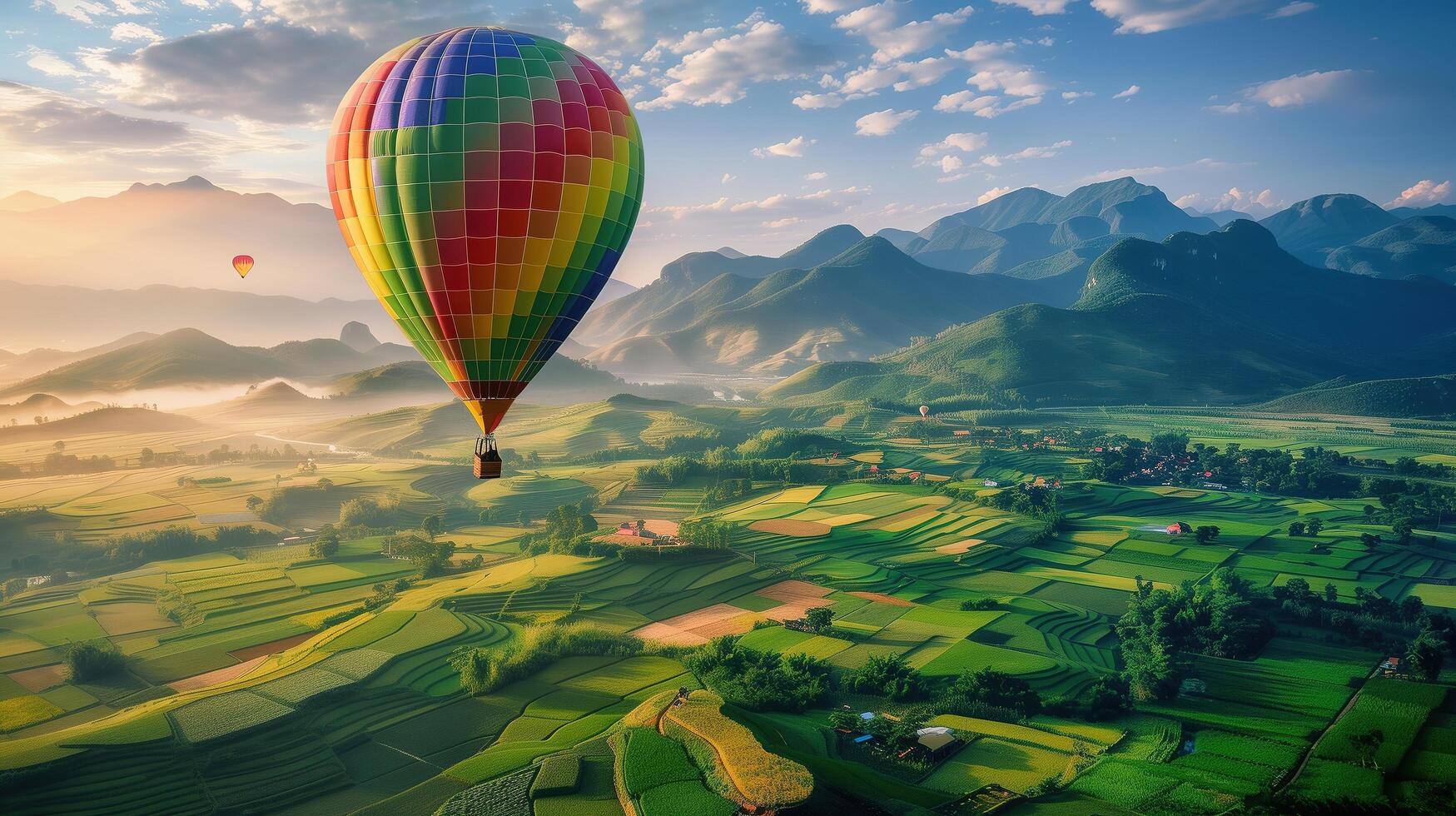 A colorful hot air balloon floating gracefully over a patchwork of green fields and distant mountains photo