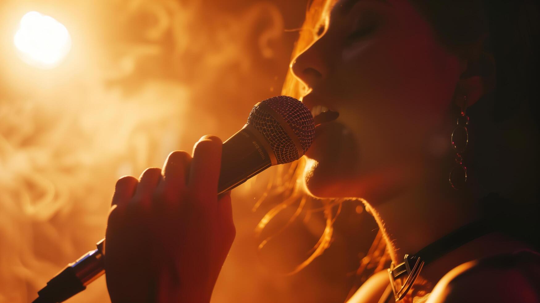 A close-up shot of a professional female singer passionately performing with a microphone on stage photo