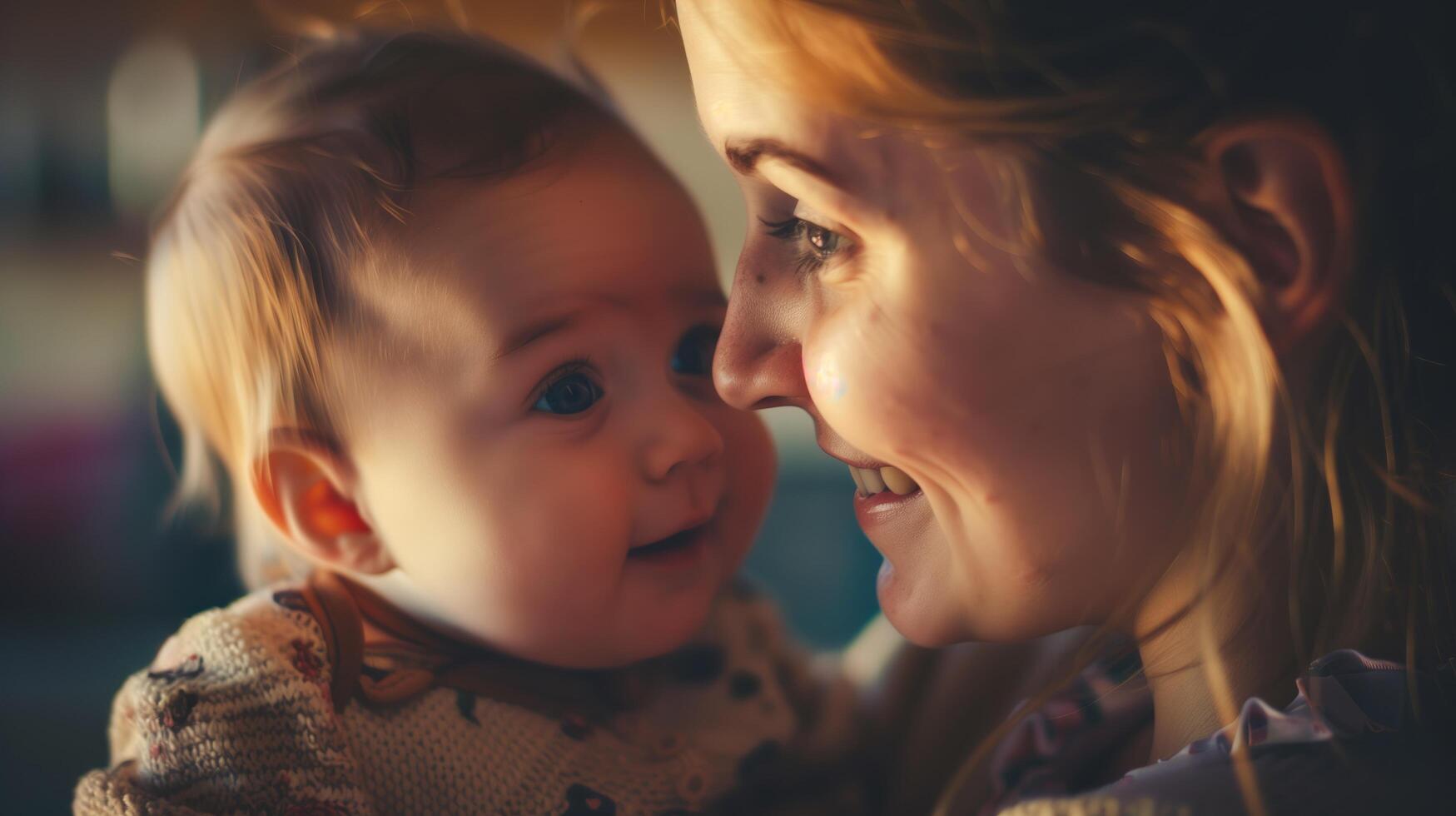 A close-up shot of a young mother's loving gaze as she interacts with her three-month-old baby photo