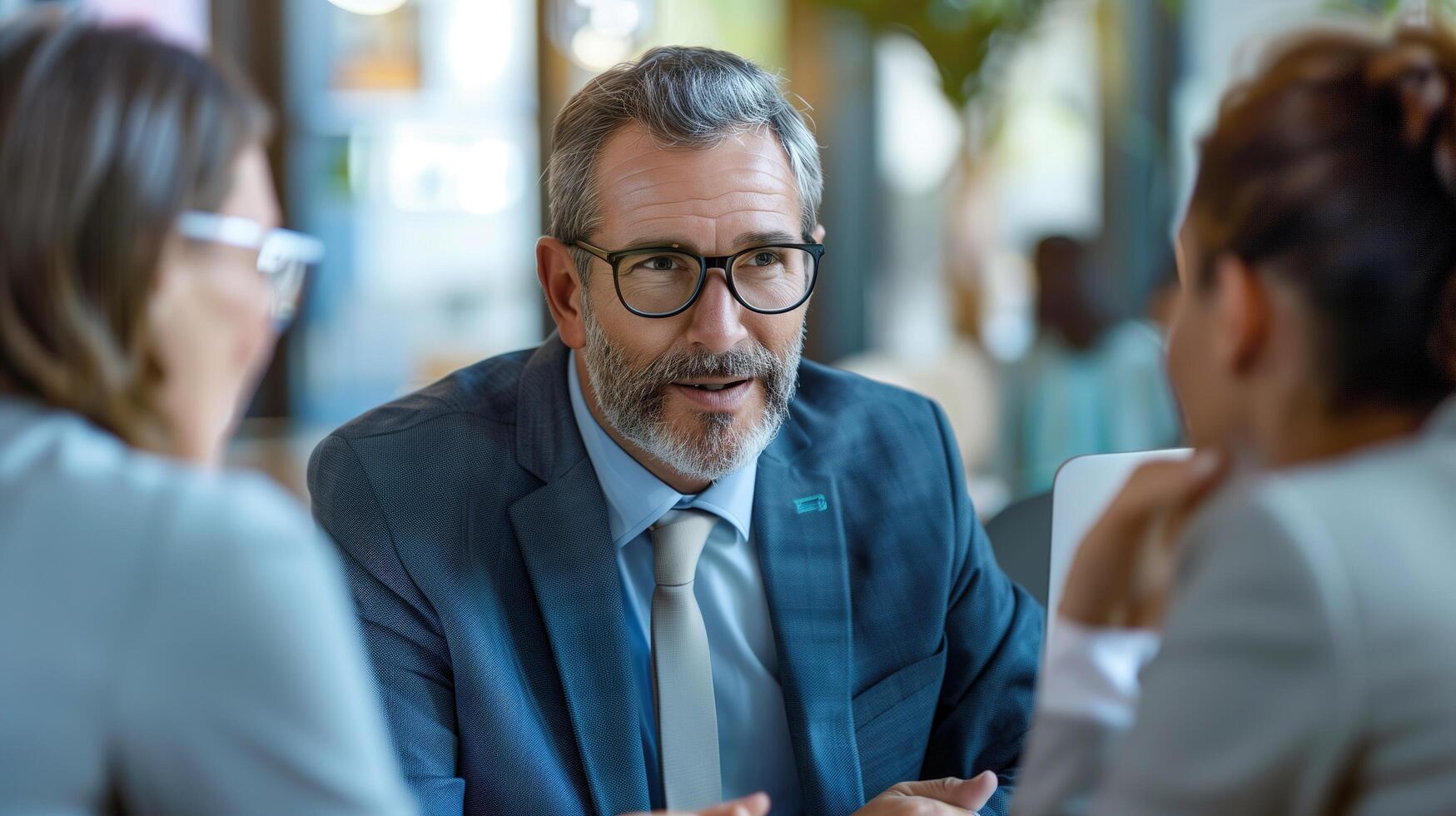 A confident financial advisor explaining investment options to attentive clients in a sleek, professional office environment photo