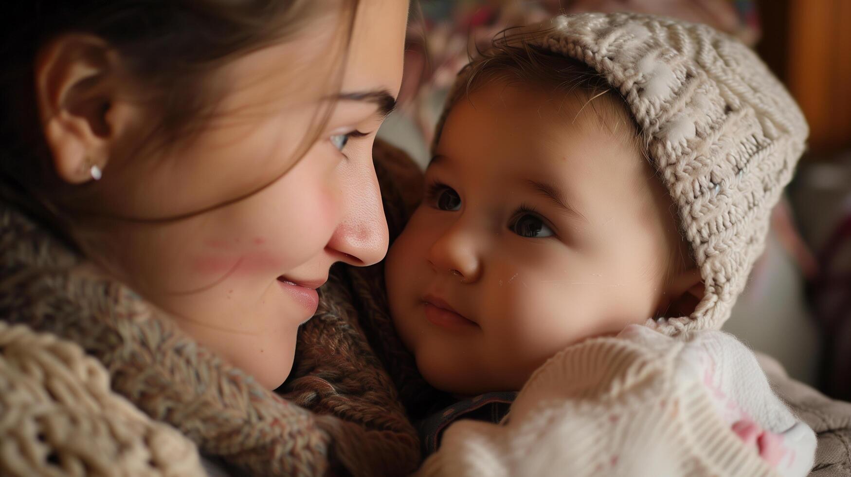 A close-up shot of a young mother's loving gaze as she interacts with her three-month-old baby photo