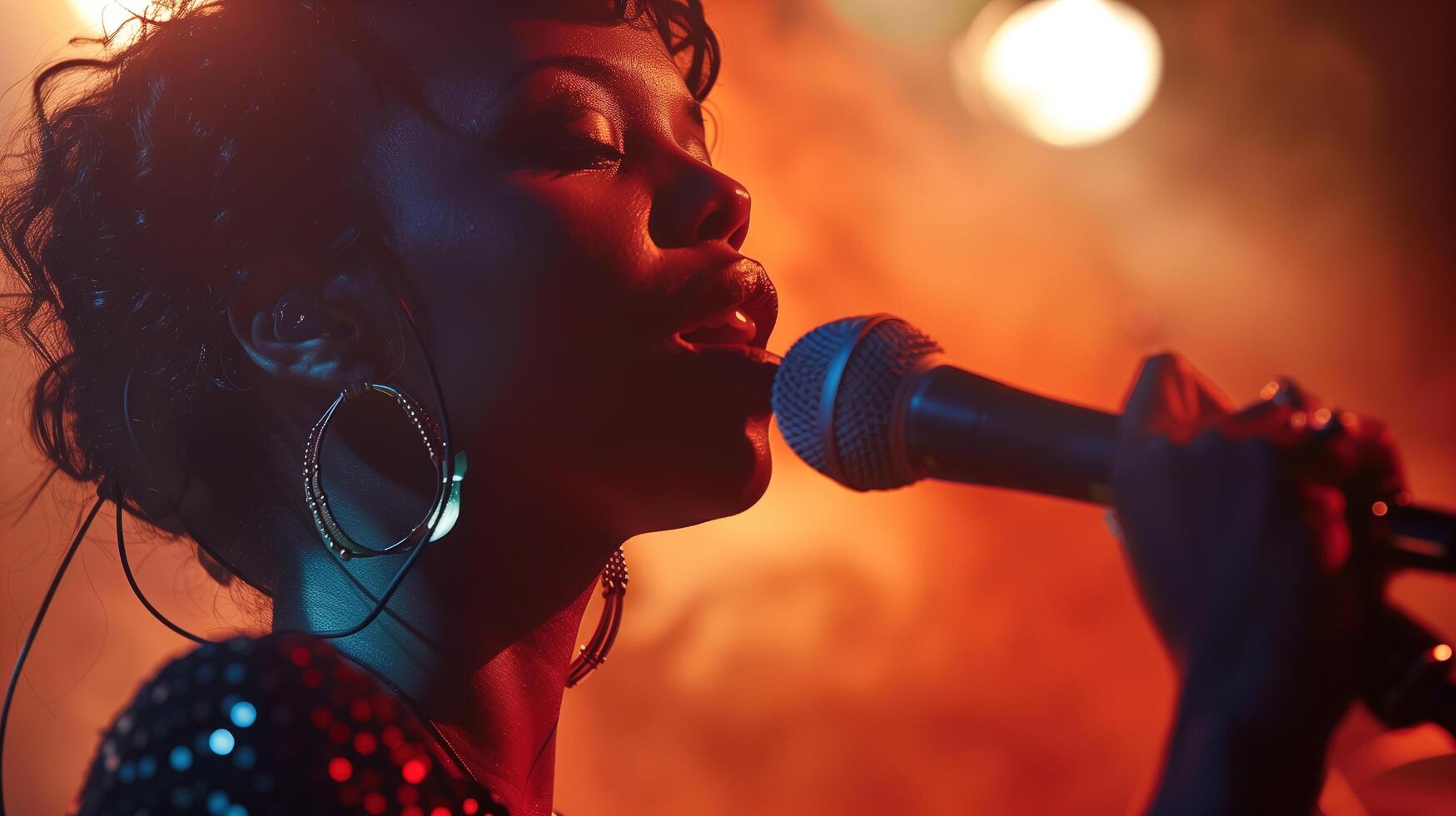 A close-up shot of a professional female singer passionately performing with a microphone on stage photo